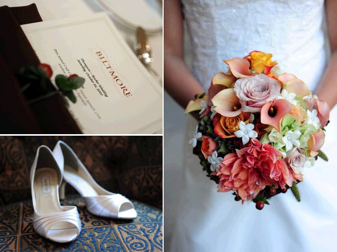 Fall fresh flowers bridal bouquet and white satin peep-toe bridal heels