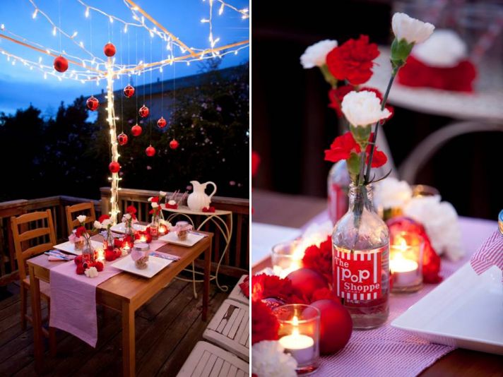 holiday-wedding-tablescape-diy-centerpiece-red-white-carnations-glass-jar-ornaments-romantic-white-lights-tea-lights
