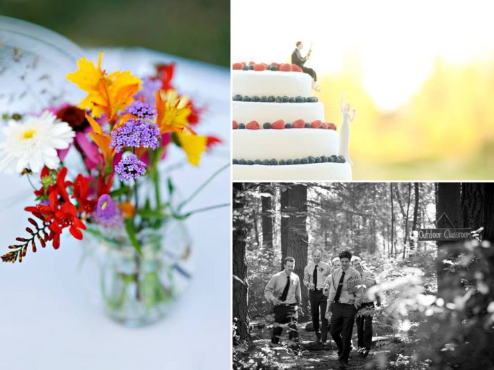 Vibrant DIY wedding flower centerpieces, adorable white wedding cake