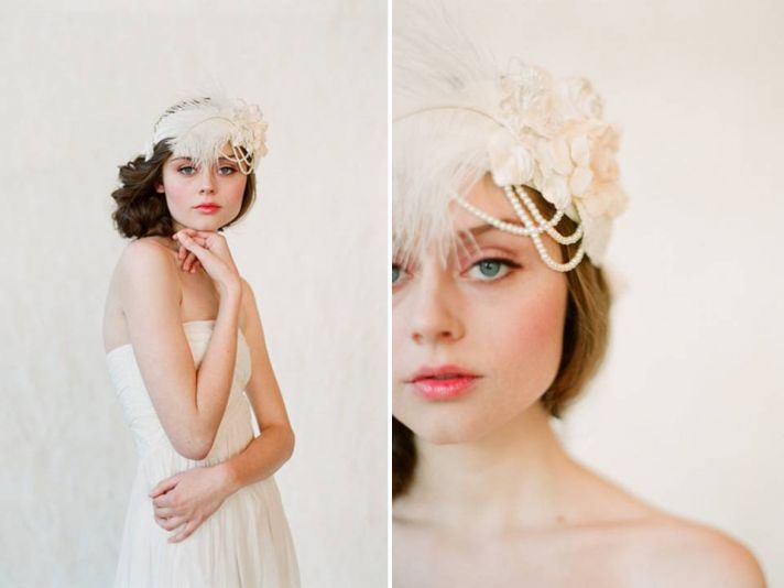 Flapper-inspired romantic bridal headband with feathers and pearls