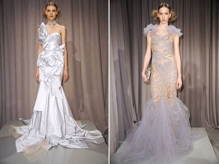 Draped and asymmetrical Marchesa gowns with lace applique and tulle