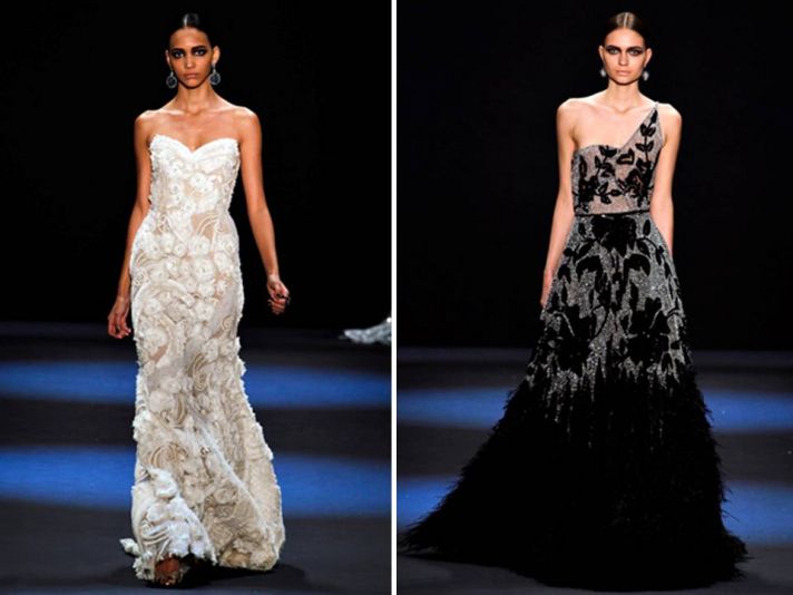 Sweetheart neckline embellished column gown and drop-waist one-shoulder dress