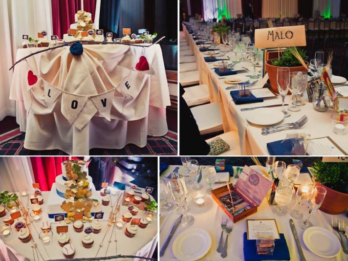 Themed wedding reception tables, and a classic white wedding cake with gold leafing