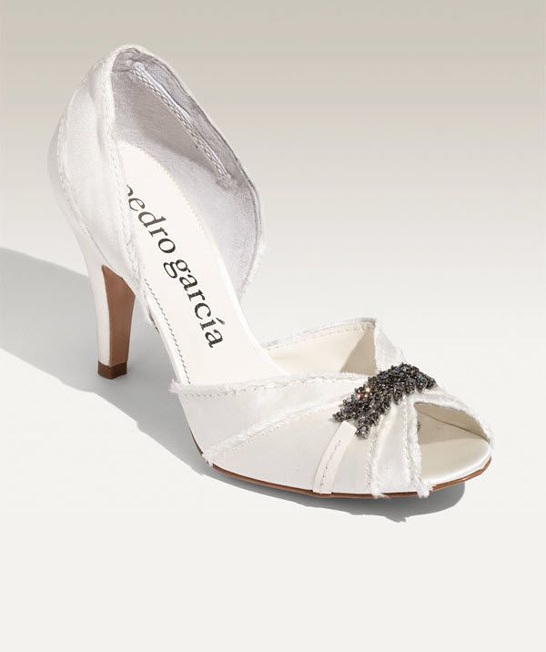 White satin peep-toe D’Orsay bridal pumps by Pedro Garcia