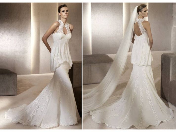 Romantic mermaid wedding dress with high lace neck and keyhole slit
