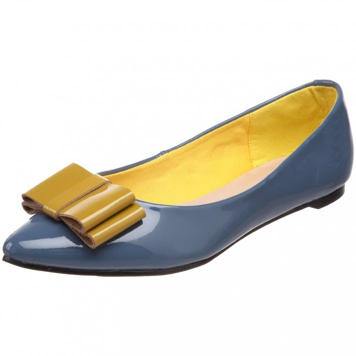 Patent blue bridal flats with gold bow