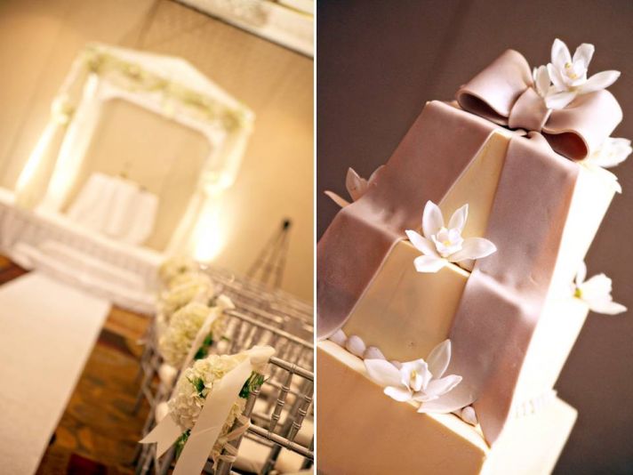 Elegant wedding ceremony ballroom at Baltimore wedding venue; chic ivory fondant wedding cake