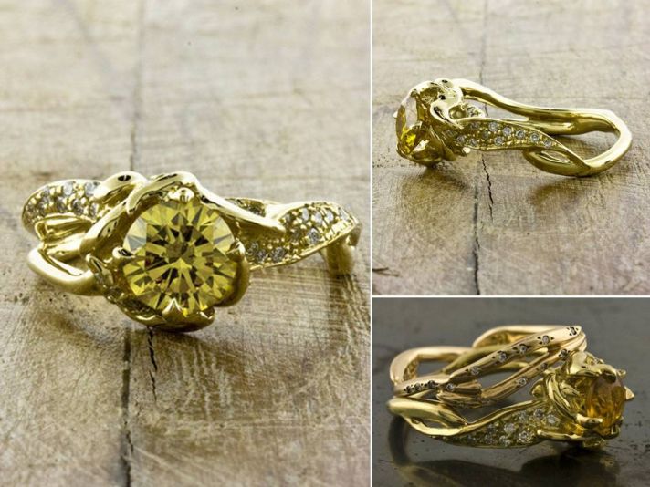 Ethical and chic, recycled gold engagement ring with round yellow diamond center stone