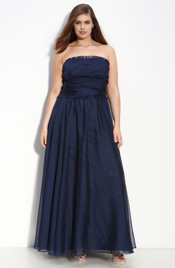 Elegant strapless long deep navy blue plus size bridesmaid dress by Monique Lhuillier