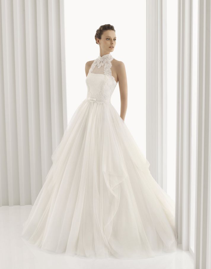 Romantic full a-line Rosa Clara bridal gown with high neck lace halter neckline