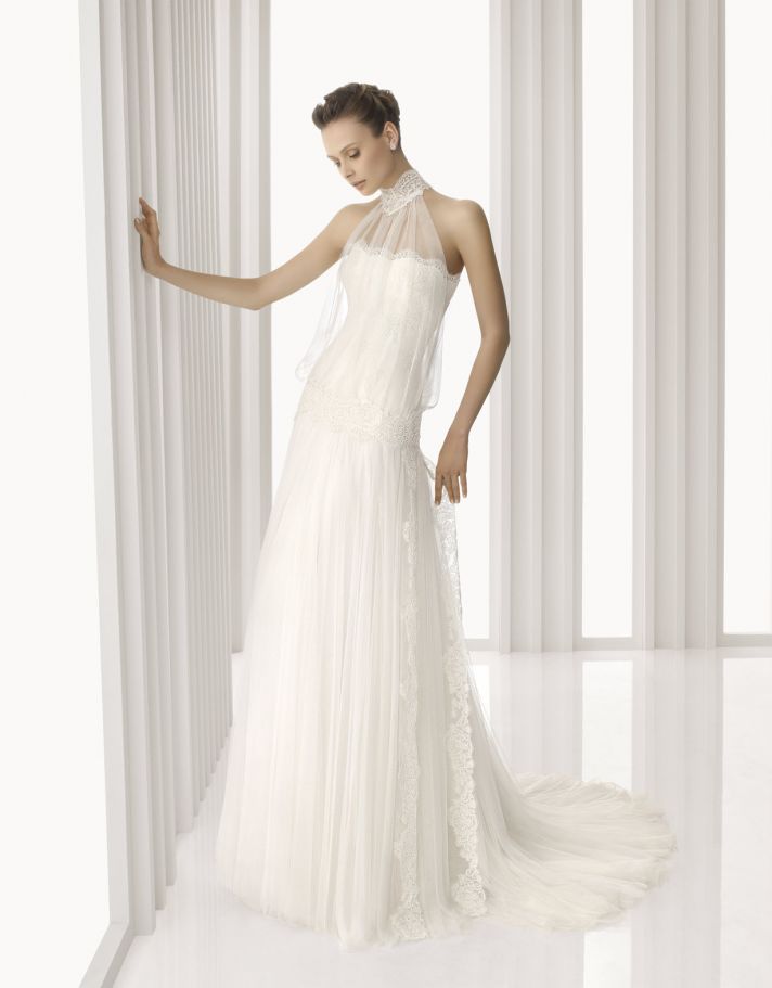 Romantic drop-waist sheath wedding dress with sheer lace turtle neck neckline