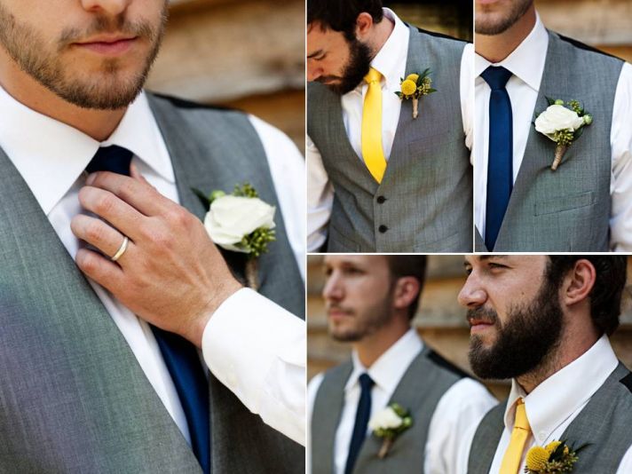 Casual Spring wedding- groom wears grey tailored suit and yellow tie
