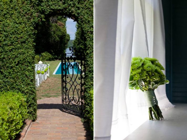 Outdoor garden wedding venue in Florida and all-green bridesmaids bouquet