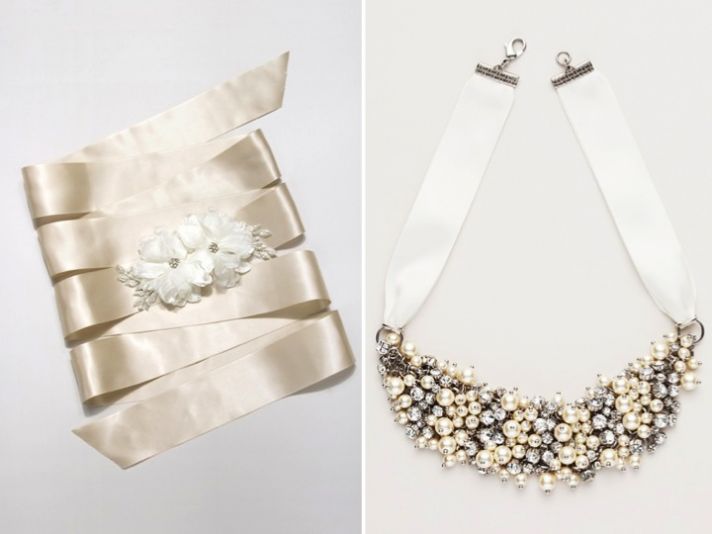 Ivory satin bridal sash adorned with romantic floral applique and a statement bridal necklace