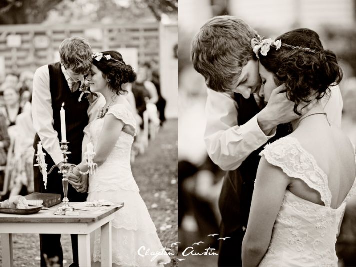 Bohemian bride wears floral wedding hair wreath and cap sleeved gown