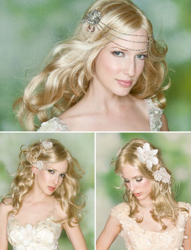 Bohemian chic wedding hairstyles and Claire Pettibone accessories