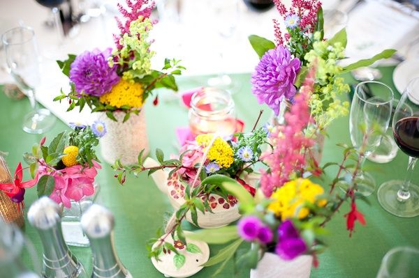 Bright, locally grown pink, purple and yellow wedding flowers
