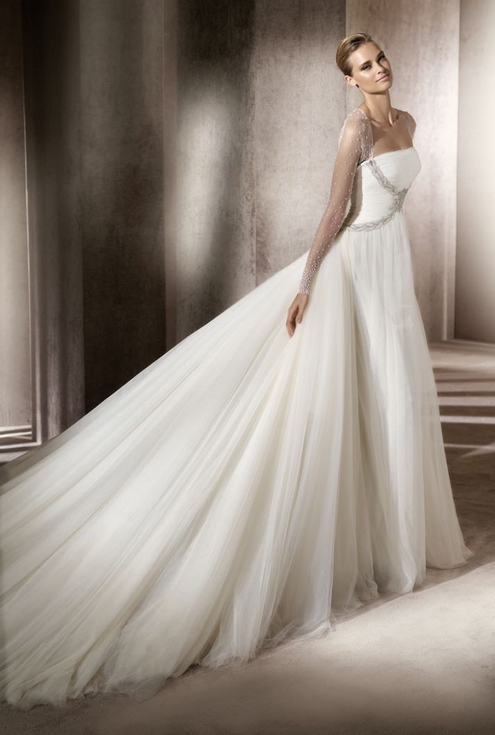Romantic tulle ballgown wedding dress with sheer illusion sleeves