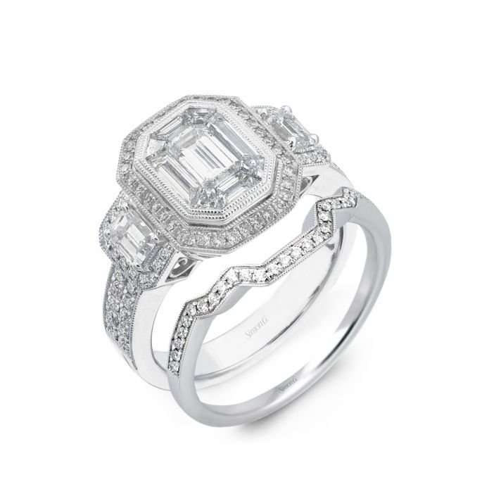 Platinum Simon G engagement ring like Kim Kardashian’s with matching wedding band