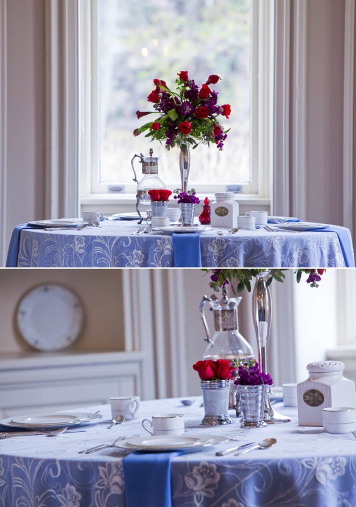 Purple and red wedding flower centerpiece, antique reception decor