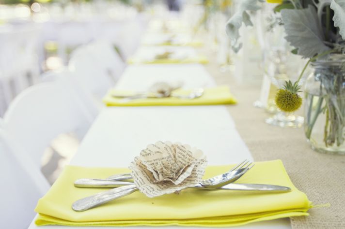 yellow white vintage wedding reception decor chalkboard chic