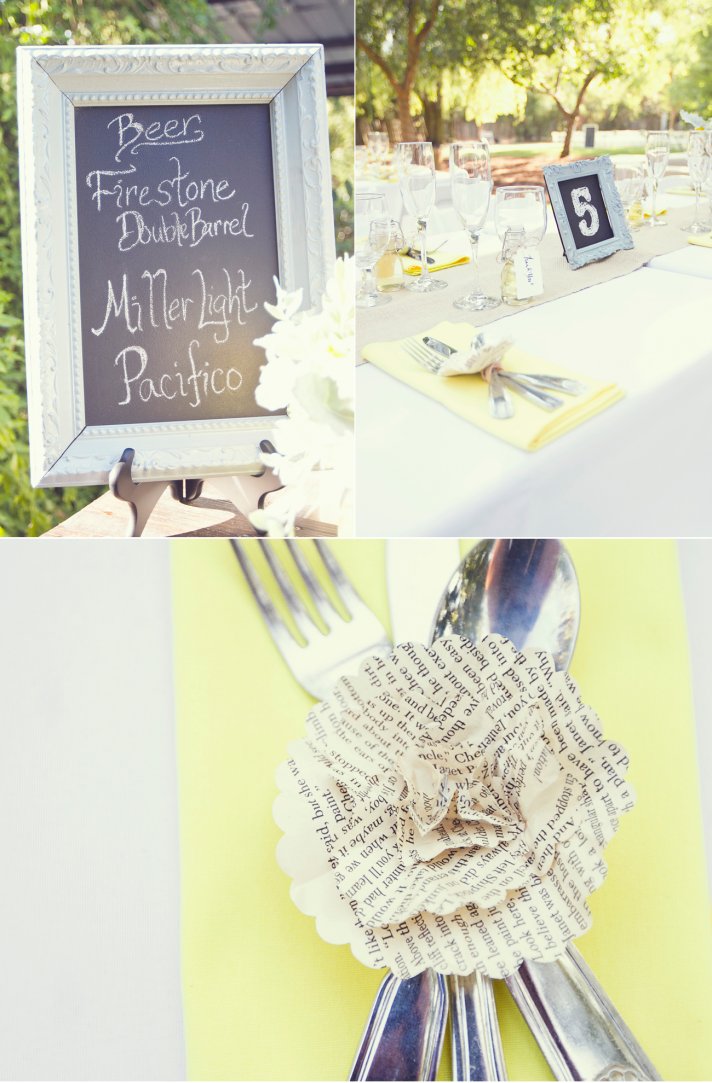 yellow white vintage wedding reception decor chalkboard chic
