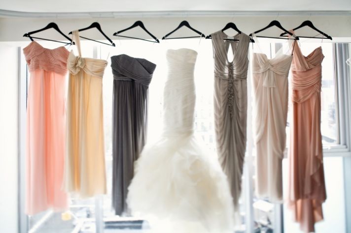 white mermaid wedding dress mix match bridesmaids dresses