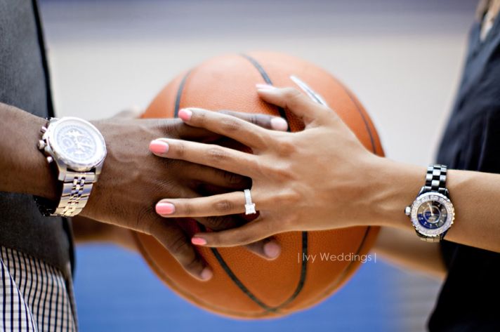 march madness wedding ideas engagement shoot on basketball court