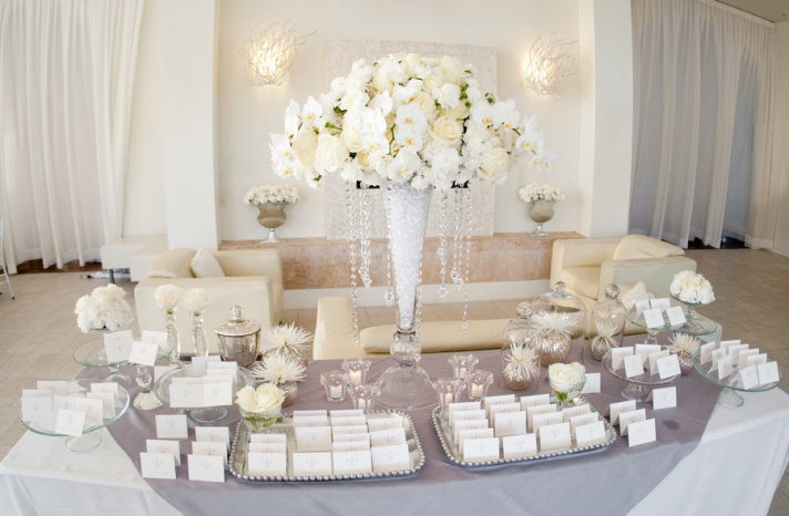 all white ivory wedding reception welcome table escort cards