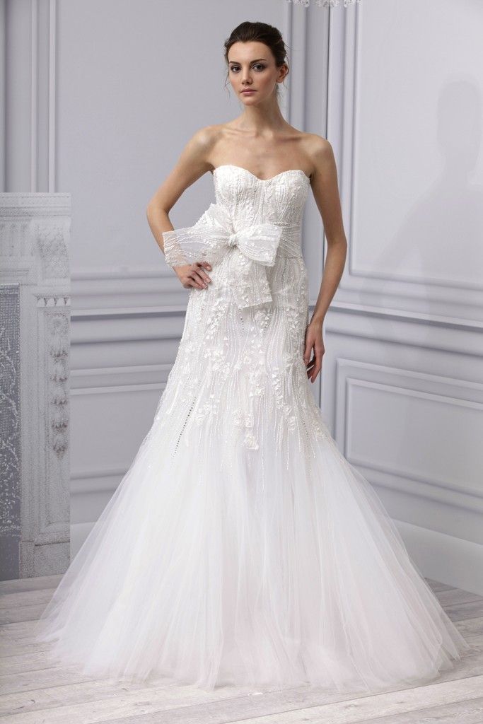 Spring 2013 wedding dress Monique Lhuillier bridal gown fit flare embellished bow