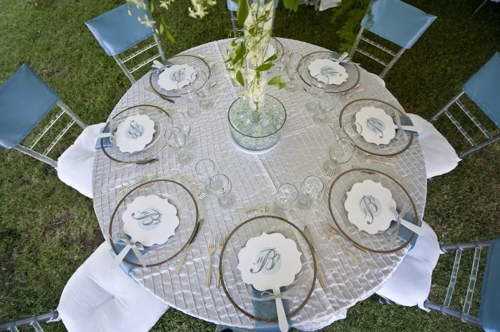 elegant wedding reception tablescape blue silver ivory