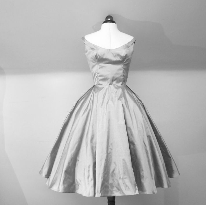 silver taffeta wedding dress or LWD tea length