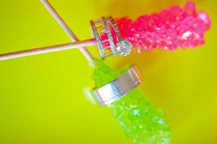 neon wedding inspiration- engagement ring shot with rock candy