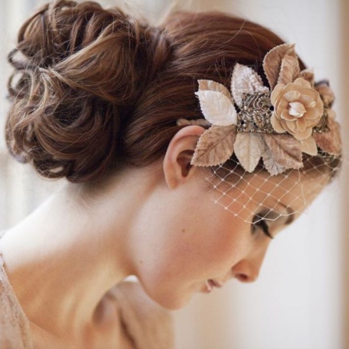beige flowers on elegant birdcage bridal veil