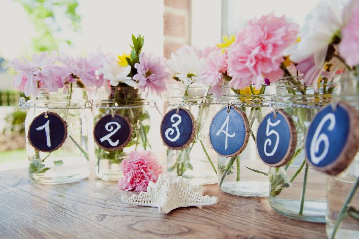 things brides love Mason Jar wedding reception decor centerpieces chalkboard table numbers