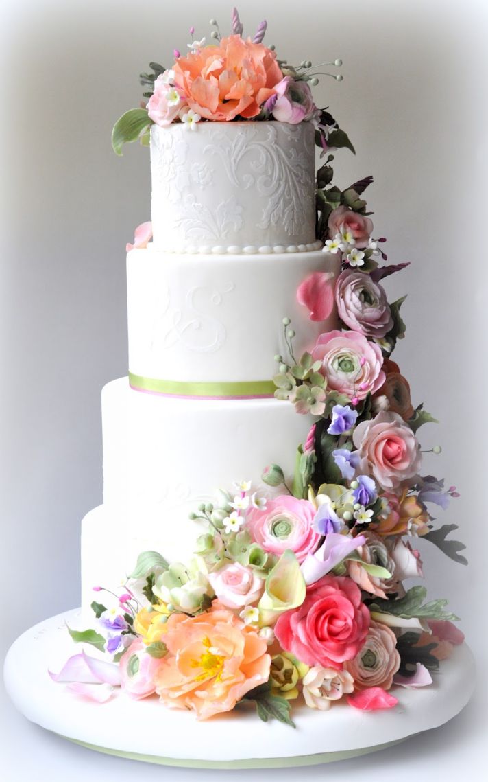 Classic White Wedding Cake with Pastel Flowers