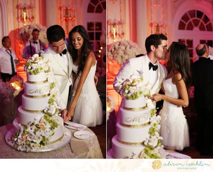 Classic Ivory Gold Monogrammed Wedding Cake with Pastel Florals