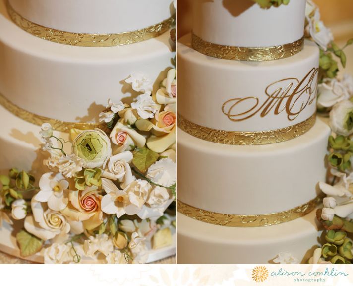 Classic Ivory Gold Monogrammed Wedding Cake with Pastel Florals