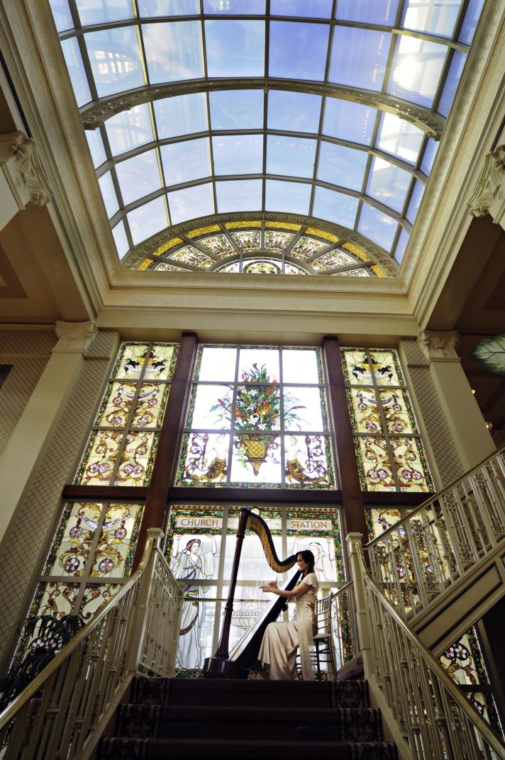 Opulent Wedding Venue with Harpist for Ceremony Music, Bride and Groom