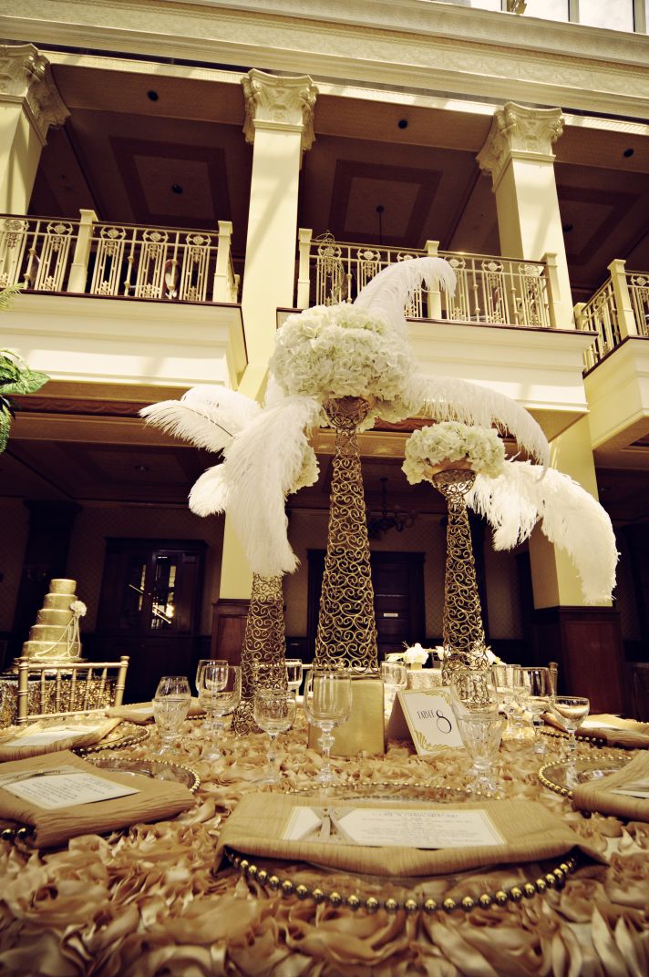 Vintage Inspired Wedding Centerpiece Gold with Ivory Feathers