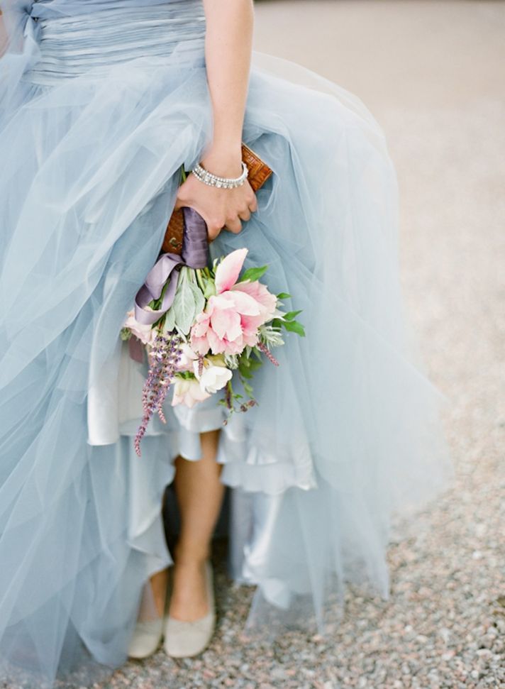 Sky blue tulle wedding dress romantic bridal bouquet