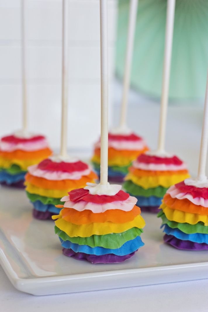 ruffled rainbow wedding cake pops