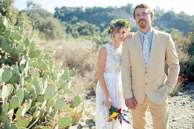 Bohemian bride in lace crochet gown and floral crown