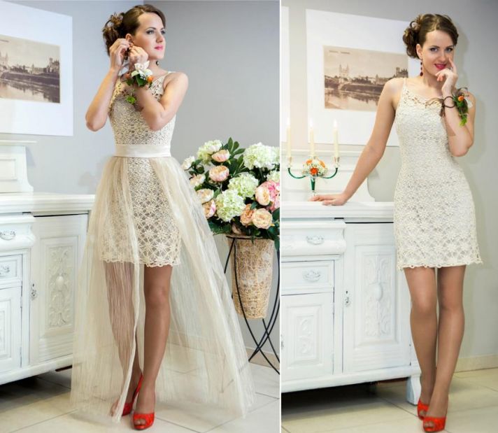 white illusion neckline crochet wedding dress with tie up back