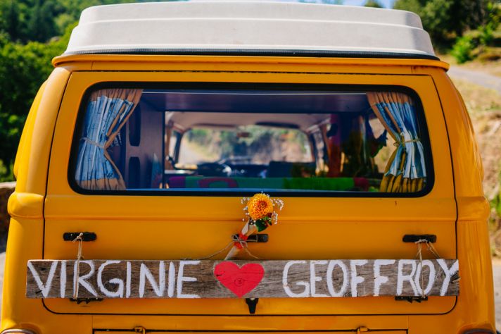 Unique VW van getaway car for a French Real Wedding