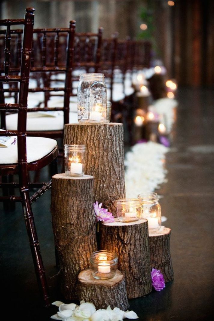 Layered Tree Stumps and Candles for Aisle Decor
