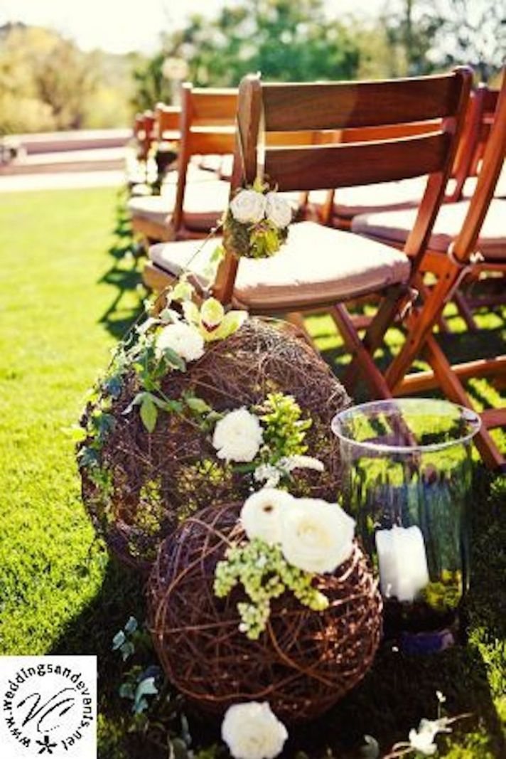 Twine Balls and Flowers for Aisle Decor
