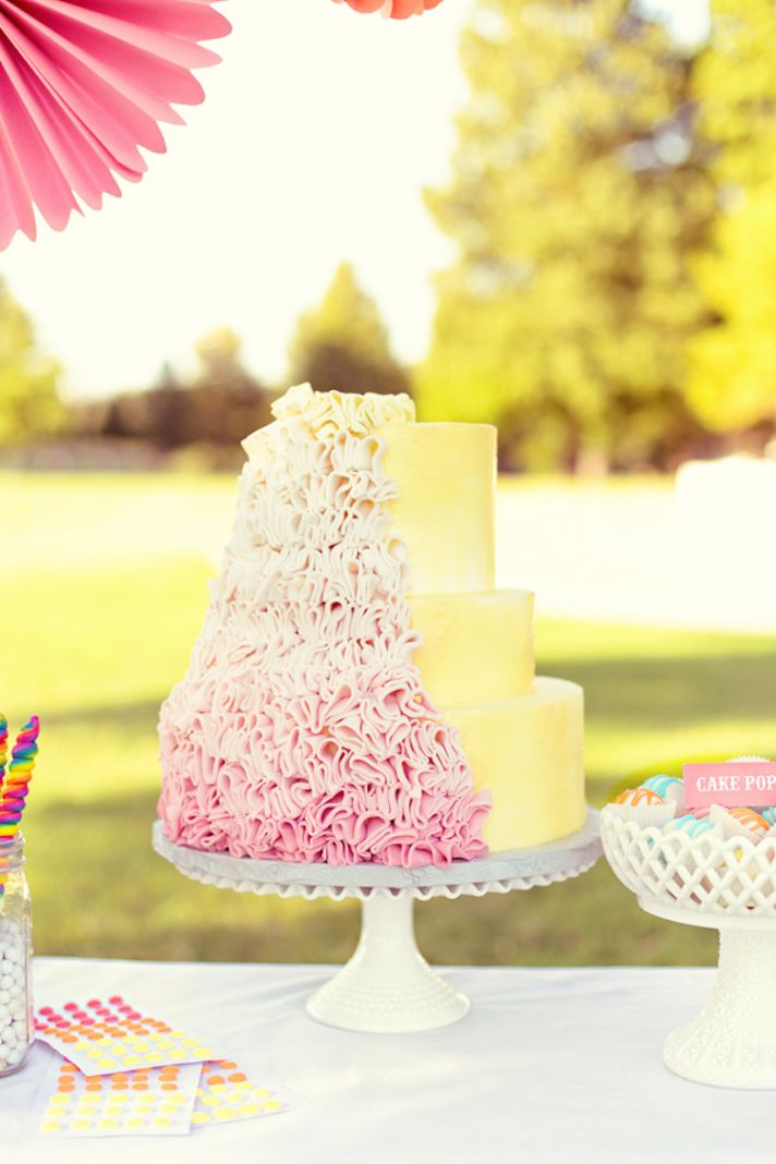 Bright Yellow and Pink Ombre Wedding Cake