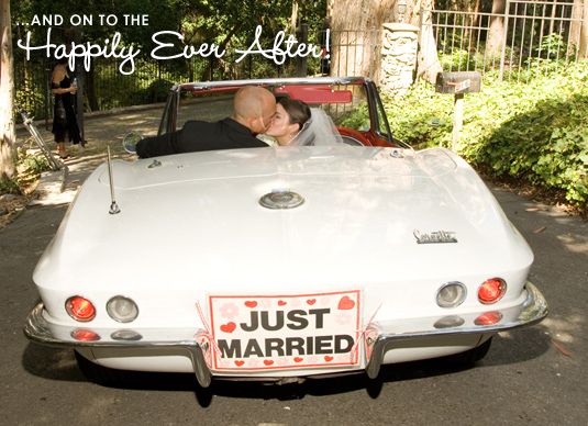 Happily Ever After as bride and groom drive into the sunset