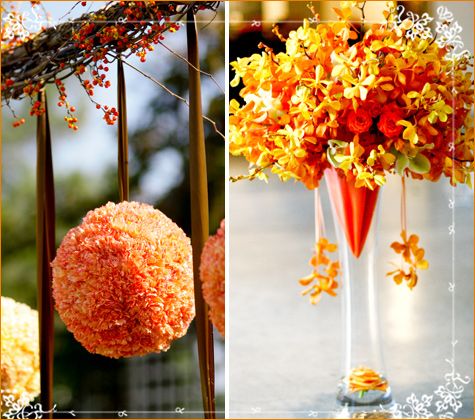 Hanging orange floral ball, beautiful clear vase with yellow, red, orange flowers